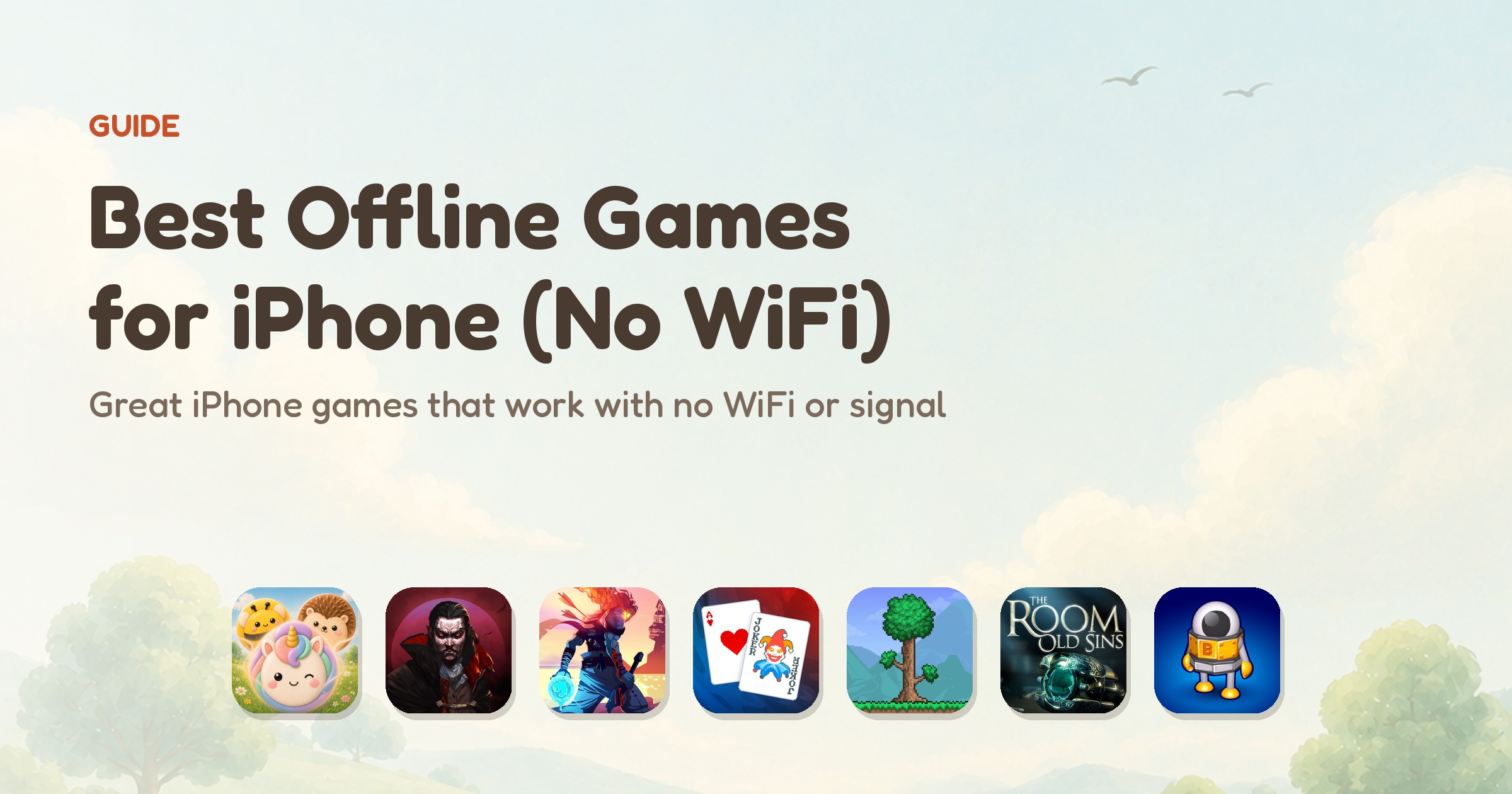 Best offline iPhone games for 2026 that work with no WiFi — app icons of the seven ranked games, led by Meld