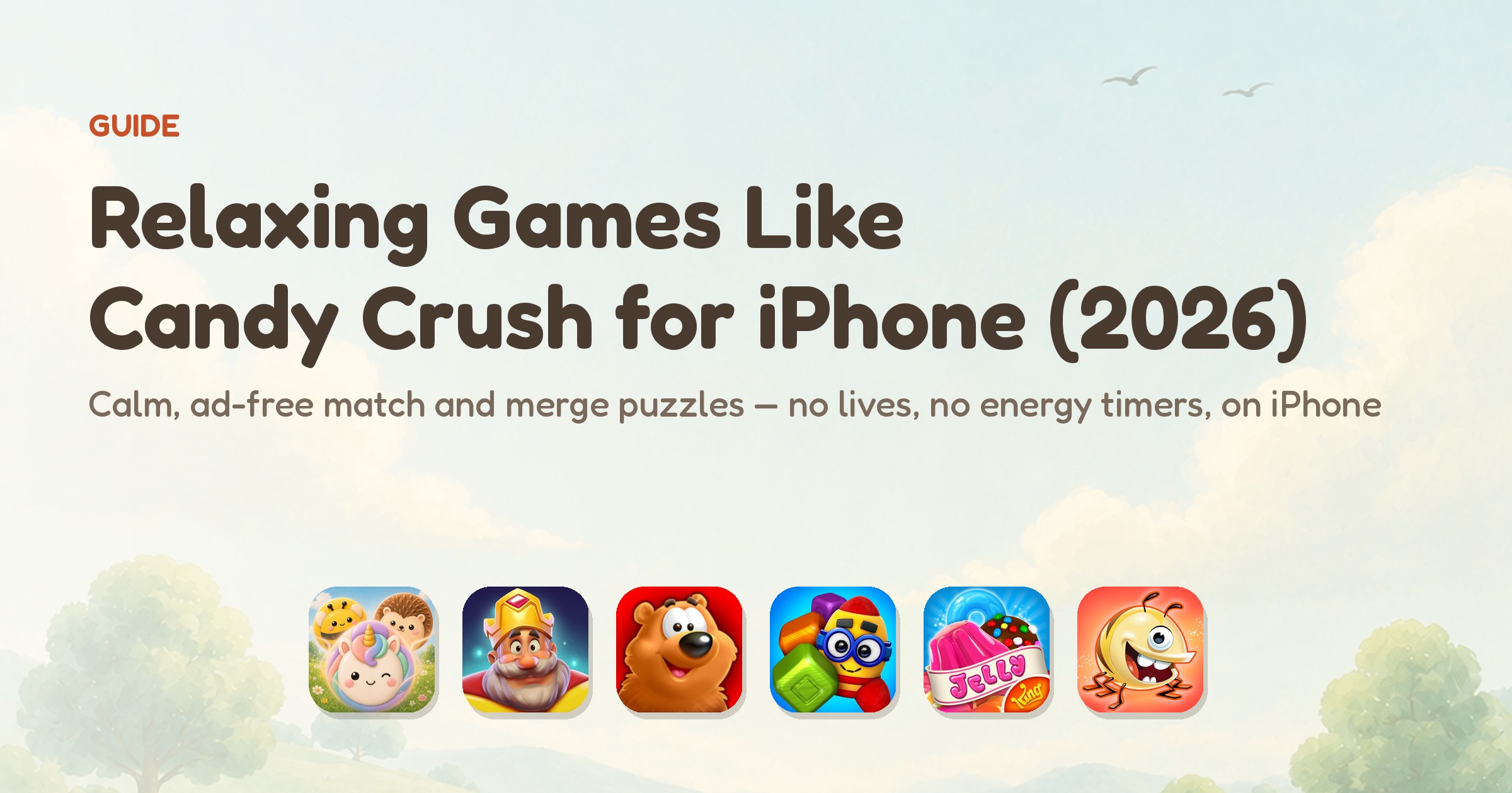 Relaxing games like Candy Crush — app icons of the six ranked match and merge games, led by Meld