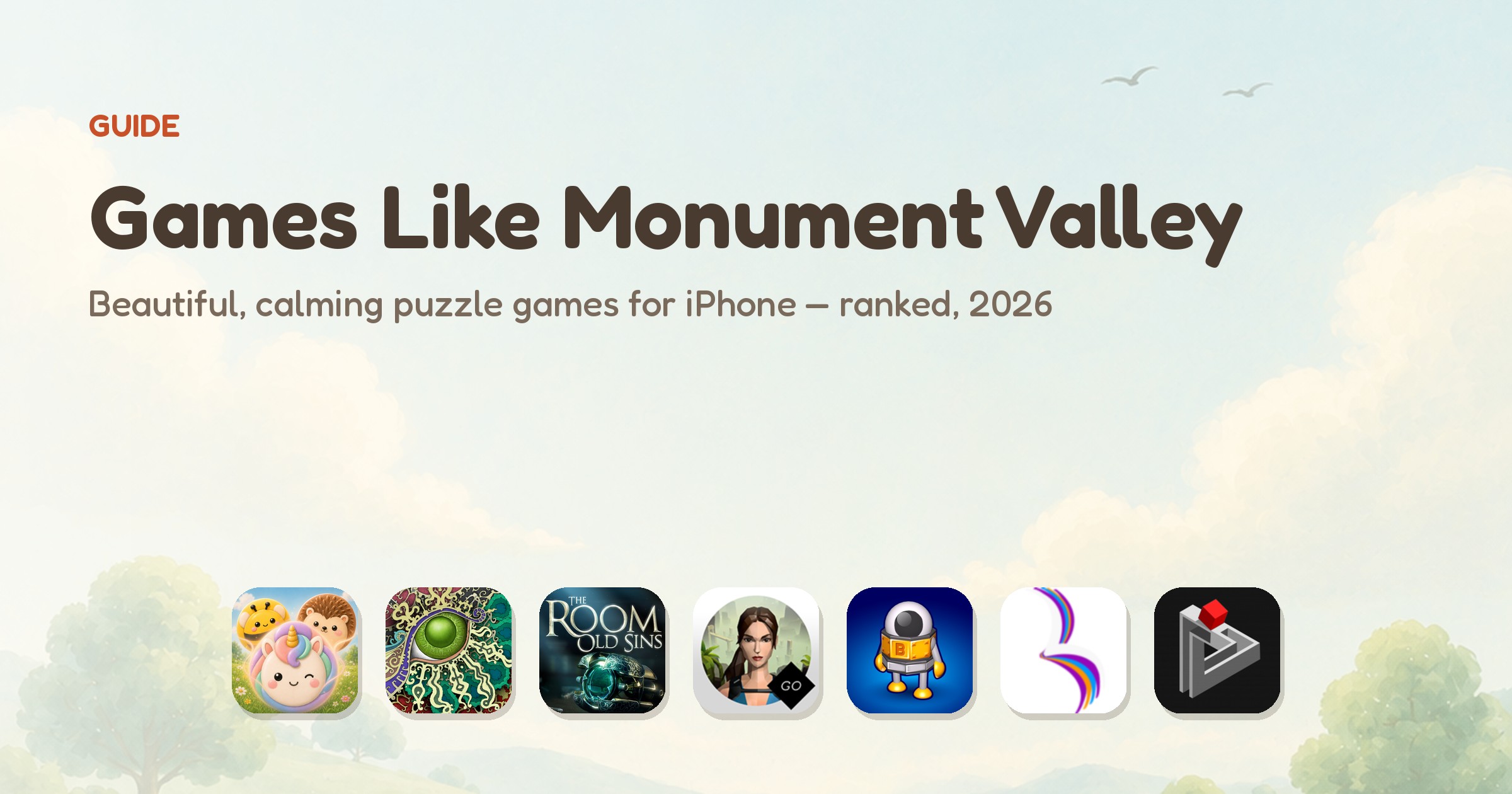 Games like Monument Valley — app icons of the seven ranked beautiful puzzle games, led by Meld