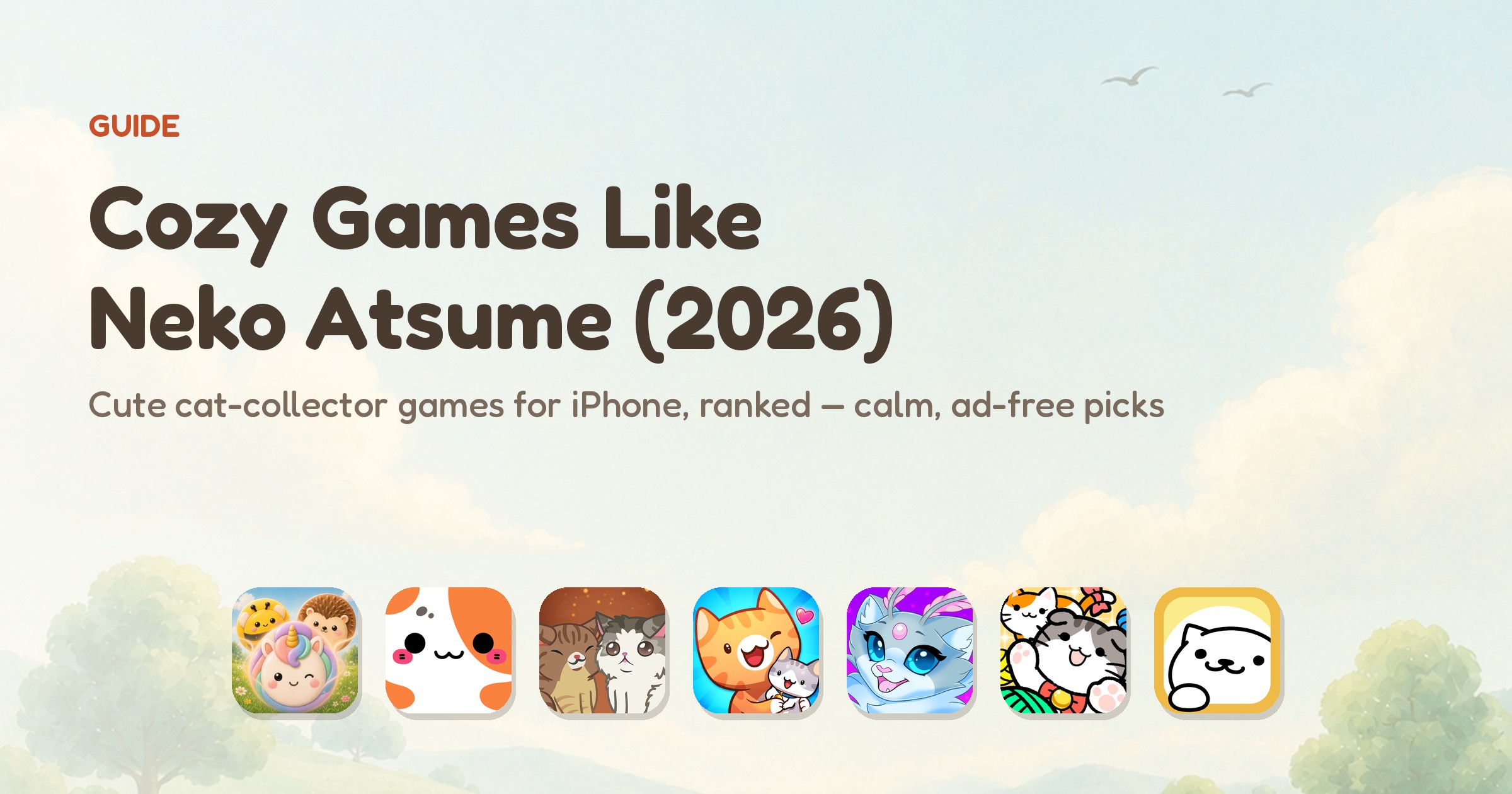 Cozy games like Neko Atsume — app icons of the ranked cute cat-collector games, led by Meld