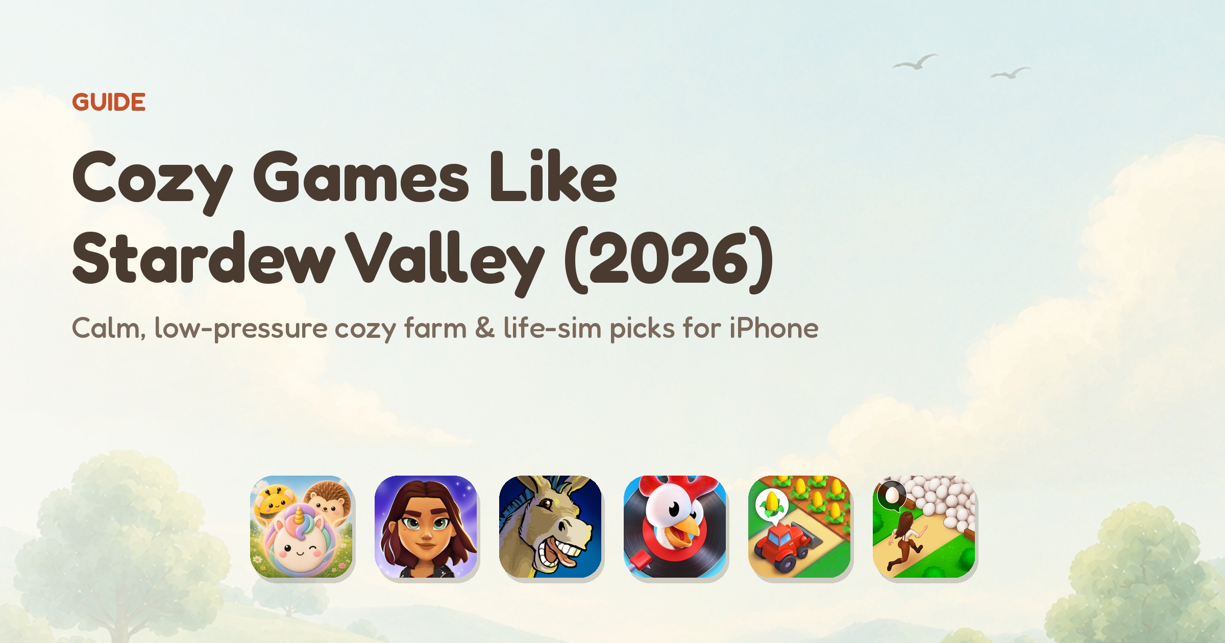 Cozy games like Stardew Valley — app icons of the ranked calm farm and life-sim games, led by Meld