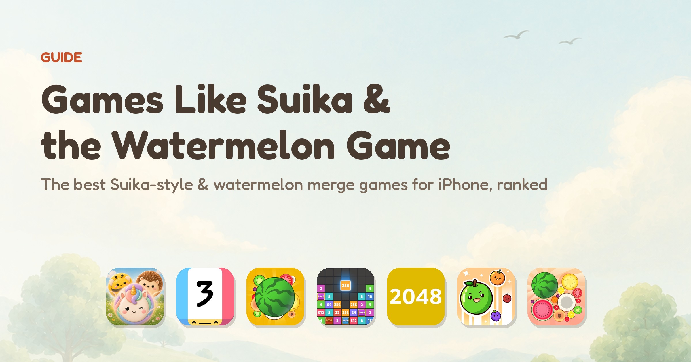 Games like Suika and the watermelon game — app icons of the seven ranked merge games, led by Meld