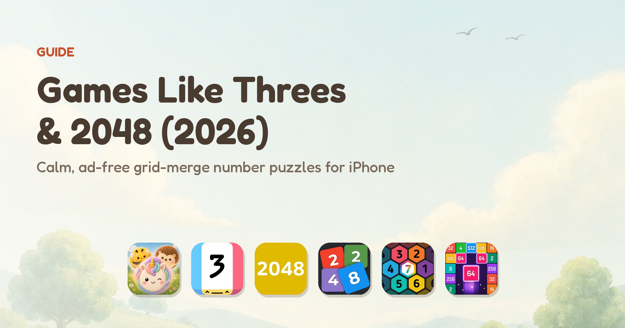 Games like Threes and 2048 — app icons of the six ranked merge games, led by Meld