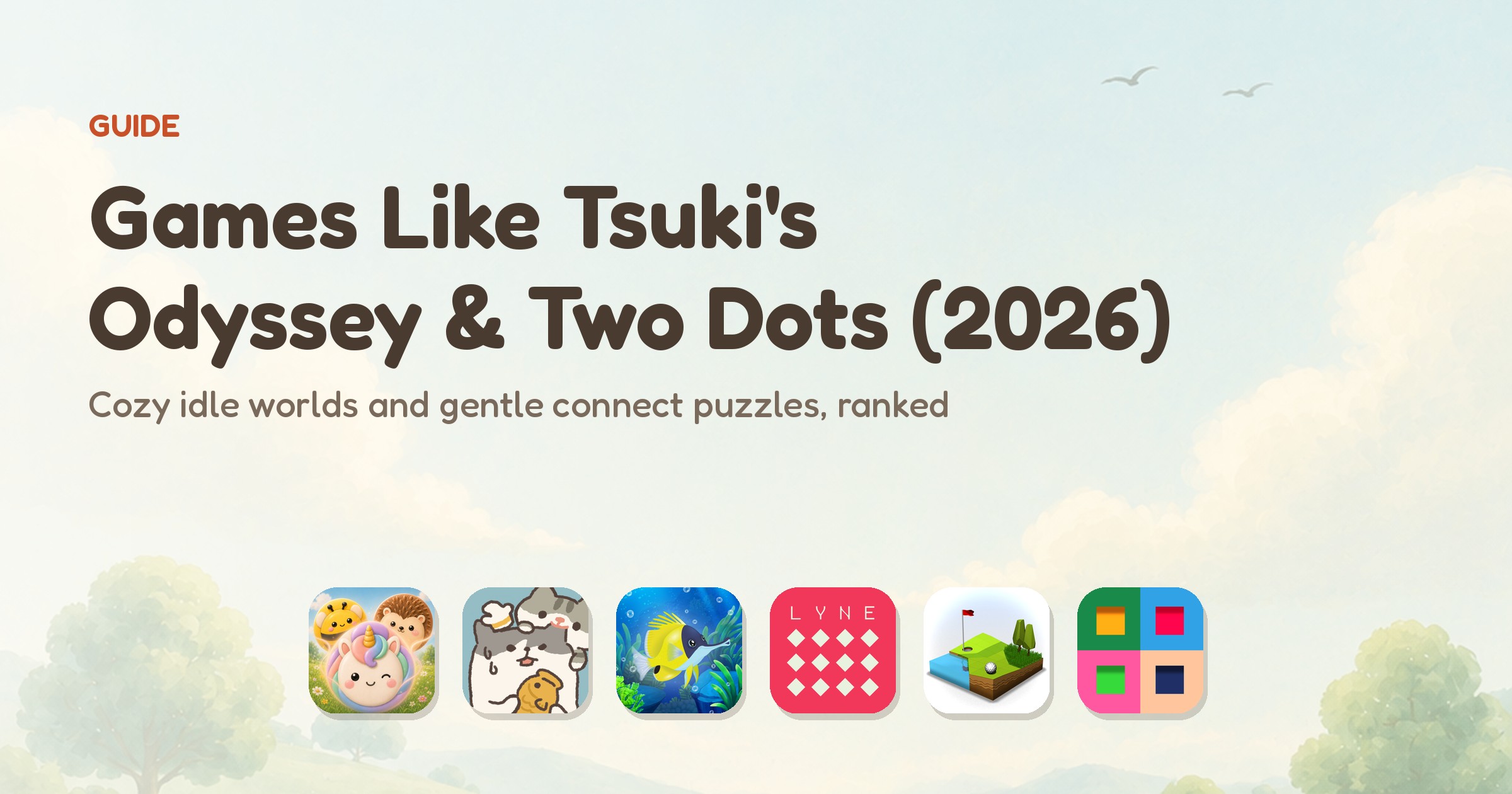 Games like Tsuki's Odyssey and Two Dots — app icons of the ranked cozy-idle and gentle-puzzle games, led by Meld