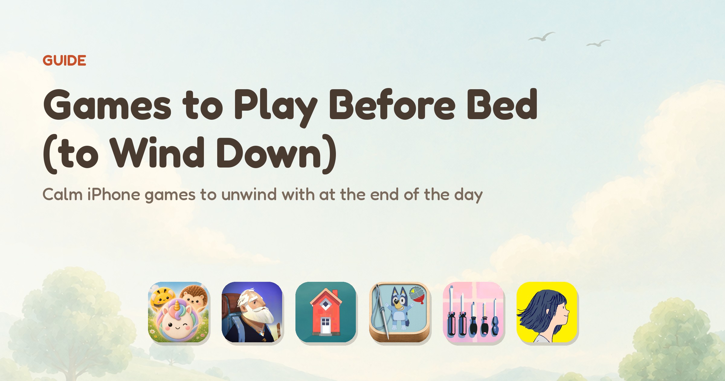 Games to play before bed to wind down — app icons of the six ranked calm games, led by Meld